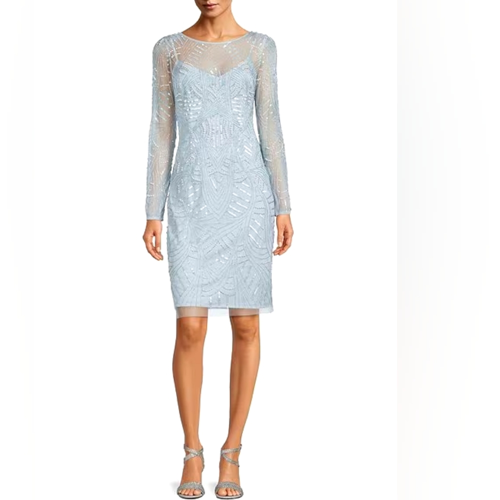 NWT Adrianna Papell Beaded Boat Neckline Long Sleeve Dress